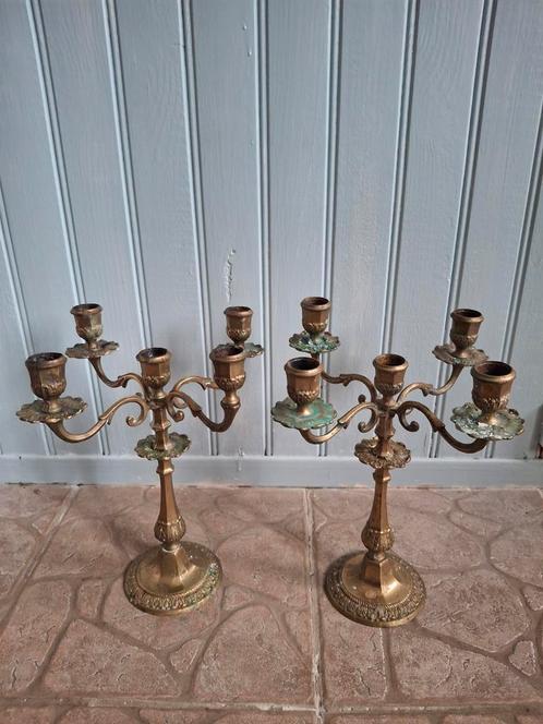 Koperen set kandelaren uit Frankrijk, Antiek en Kunst, Antiek | Kandelaars, Koper of Brons, Ophalen of Verzenden