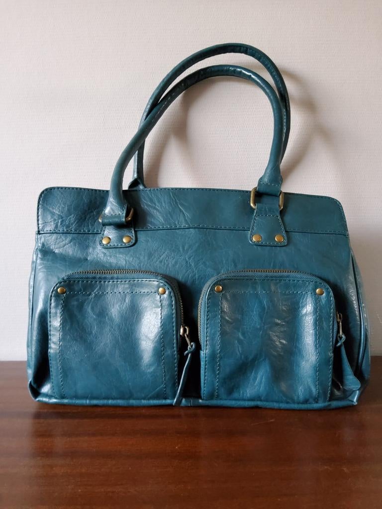 Vintage petrol nepleren handtas of schoudertas van de WE, Ophalen of Verzenden, Zo goed als nieuw, Blauw, Handtas