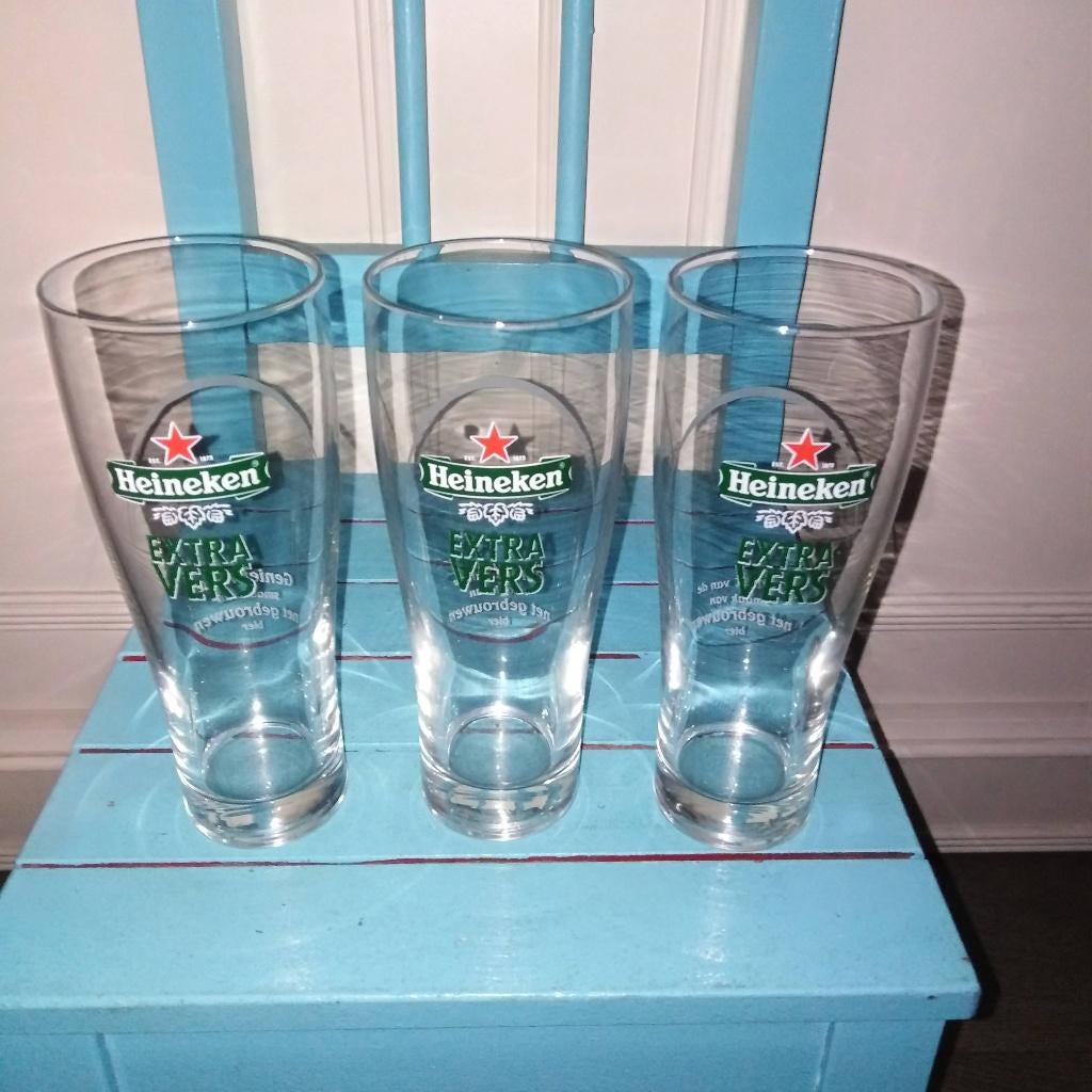 Heineken glazen extra vers 3 stuks, Verzamelen, Ophalen, Zo goed als nieuw, Glas of Glazen, Heineken