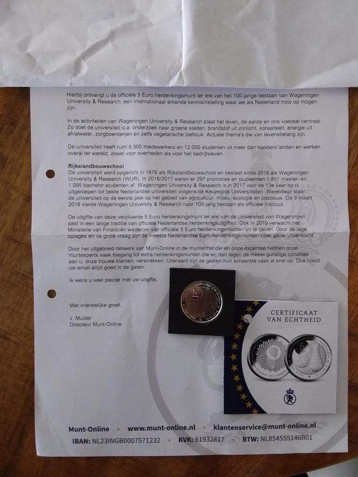 5 Euro Herdenkingsmunt Wageningen Universiteit, Postzegels en Munten, Munten | Nederland, Ophalen of Verzenden