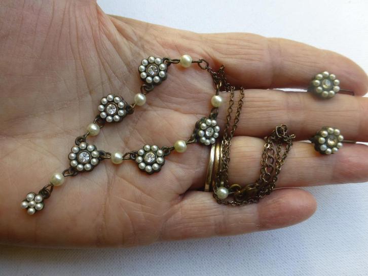 ‘Antique’ Collier en Oorbellen Kristal Strass en faux-Parels, Sieraden, Tassen en Uiterlijk, Antieke sieraden, Ketting, Overige materialen