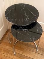 2 glazen bijzet-/nestingtafels, zwart marmer look & chroom, Minder dan 55 cm, Gebruikt, Rond, Glas
