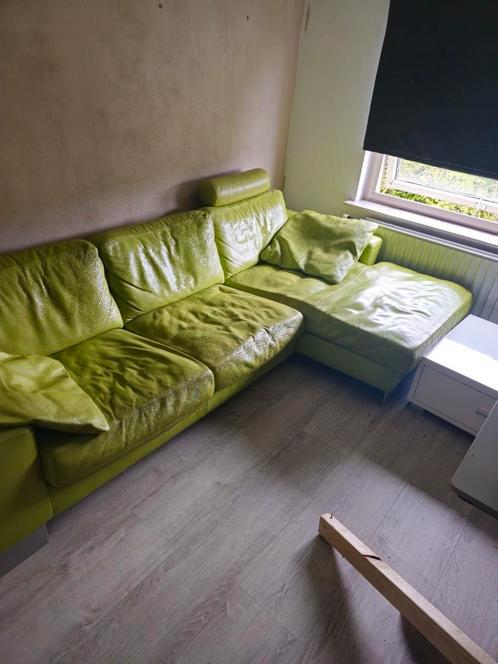 Hoekbank Echt Leer - Groen, Huis en Inrichting, Banken | Complete zithoeken, Gebruikt, Leer, Ophalen
