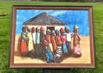 Uniek en groot Afrikaans schilderij in mooie zware lijst, Ophalen
