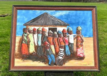 Uniek en groot Afrikaans schilderij in mooie zware lijst beschikbaar voor biedingen