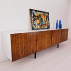 Groot vintage dressoir, retro lowboard, teak 1970's, 250cm, ., Teakhout, Ophalen of Verzenden, Zo goed als nieuw