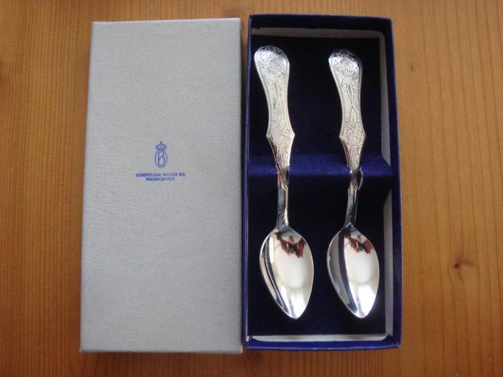 Twee verzilverde Biedermeier lepeltjes Koninklijke Begeer, Huis en Inrichting, Keuken | Bestek, Nieuw, Bestekset, Ophalen of Verzenden