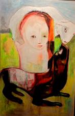 Schilderij met kind, hond en schaap, Antiek en Kunst, Kunst | Schilderijen | Modern, Ophalen of Verzenden