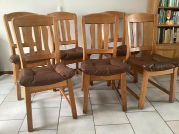 6 stevige, klassieke eiken stoelen met leren zitting, vintag beschikbaar voor biedingen
