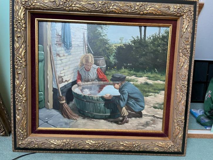 Schilderij spelende kinderen olieverf op paneel J Beekhout, Antiek en Kunst, Kunst | Schilderijen | Klassiek, Ophalen