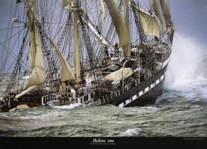 Poster schip driemaster Belem 1896 vol in actie, Verzamelen, Posters, Nieuw, Rechthoekig Liggend, Ophalen of Verzenden