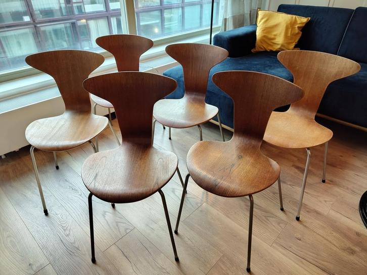 Vintage Arne Jacobsen "mug" stoelen (6), Huis en Inrichting, Stoelen, Gebruikt, Vijf, Zes of meer stoelen, Hout, Metaal, Bruin