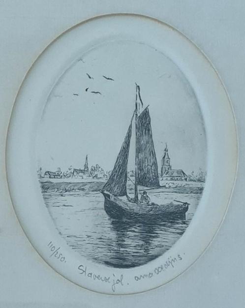 Anna Doedijns originele ets Staverse jol vissersschip boot, Antiek en Kunst, Kunst | Etsen en Gravures, Verzenden