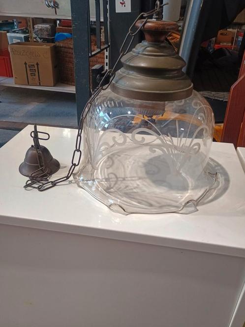 Antieke hanglamp koper met glas, Antiek en Kunst, Antiek | Lampen, Ophalen