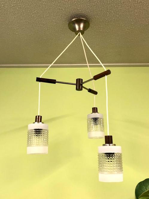 Vintage cascade lamp retro teak glass jaren 60/70 light, Huis en Inrichting, Lampen | Hanglampen, Zo goed als nieuw, Glas, Hout