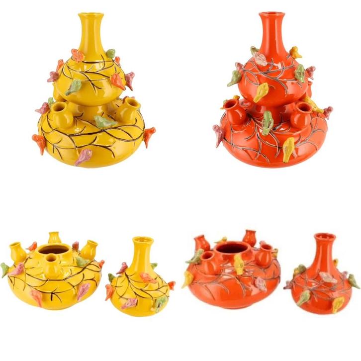 2-delige Tulpenvaas, vogeltjes, birds, geel oranje vaas VdlM, Huis en Inrichting, Woonaccessoires | Vazen, Nieuw, Oranje, Minder dan 50 cm