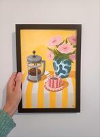 Modern stilleven schilderij french press koffie met bloemen, Ophalen of Verzenden
