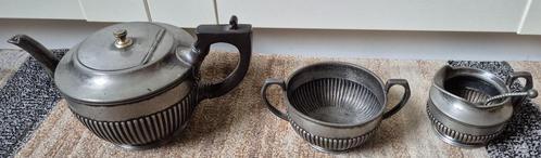 Antieke tinnen theepot, schaal en suikerpot gemerkt., Antiek en Kunst, Antiek | Tin, Ophalen of Verzenden