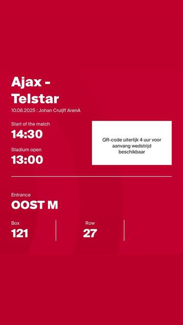 1 Ajax -Telstar Ticket Top Stoel beschikbaar voor biedingen