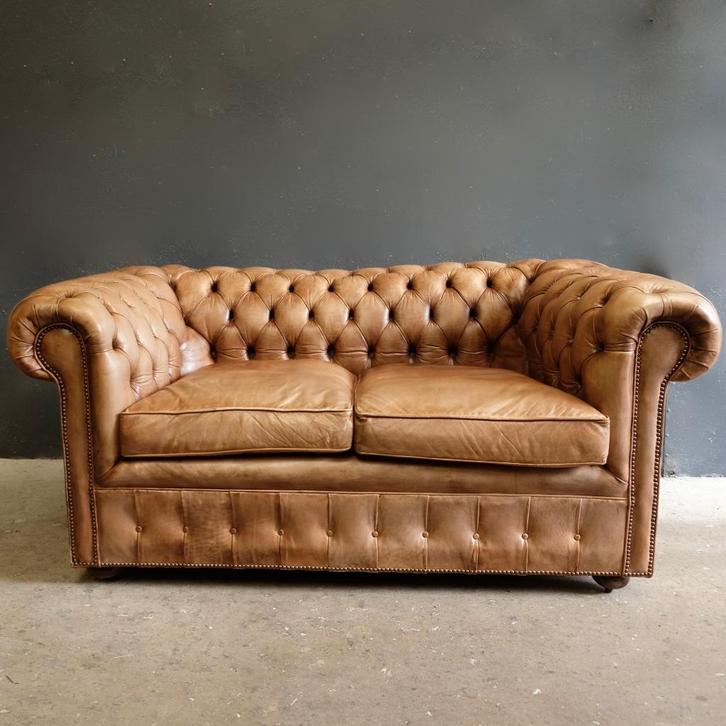 origineel Engelse leren Chesterfield bank, Huis en Inrichting, Fauteuils, Gebruikt, Leer, 125 cm of meer, Minder dan 75 cm, Ophalen