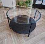 Glazen salontafel met houten onderblad diameter 75 cm, Ophalen, 50 tot 100 cm, Rond, 50 tot 100 cm