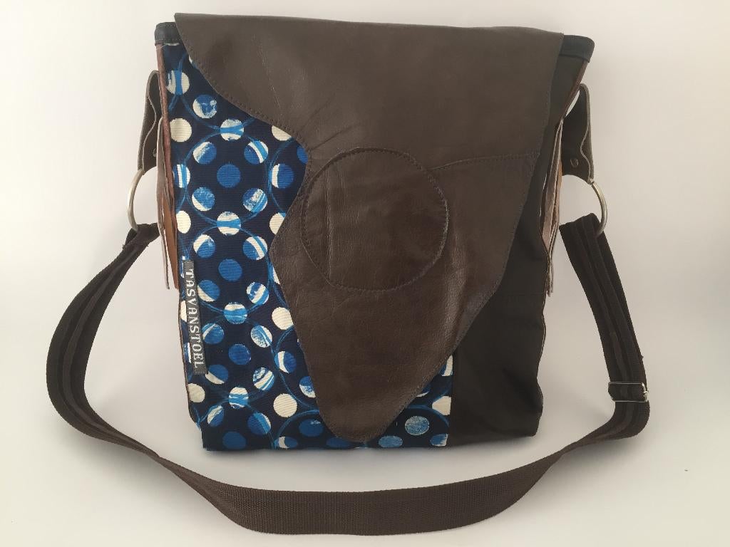 Denim Schoudertas met Leer VanStoel#170 BRUIN BLAUW, Overige merken, Blauw, Nieuw, Ophalen of Verzenden