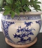 Grote oude unieke XL geglazuurde wit blauw bloempot 43cm, Tuin en Terras, 40 cm of meer, Rond, Binnen, Ophalen of Verzenden