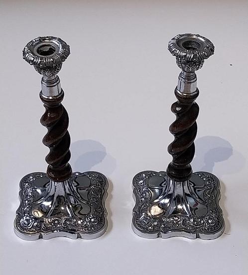 Set á 2 st. Barley Twist Kandelaars verzilverd, eikenhout, Huis en Inrichting, Woonaccessoires | Kandelaars en Kaarsen, Zo goed als nieuw