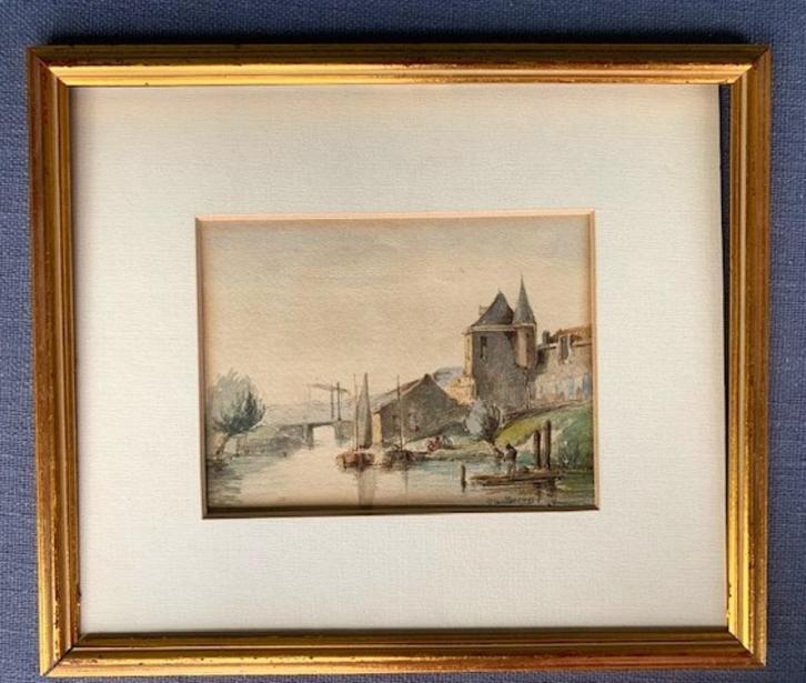 Stadje aan de rivier met personen 1841 - Willem van Hove, Antiek en Kunst, Kunst | Schilderijen | Klassiek, Ophalen of Verzenden