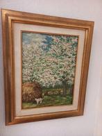 Schilderij met bloesemboom, hooi, geitje, weide, hek., Ophalen
