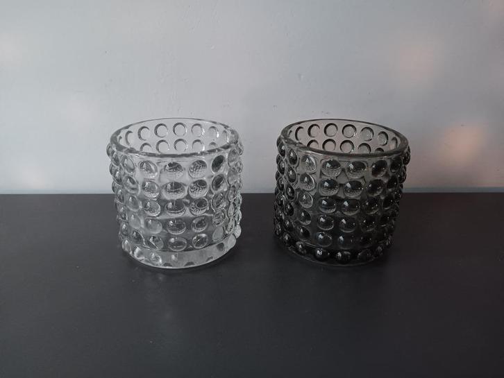 Set van 2 glazen waxinelichthouders – bubbeldesign, Huis en Inrichting, Woonaccessoires | Kandelaars en Kaarsen, Gebruikt, Kandelaar