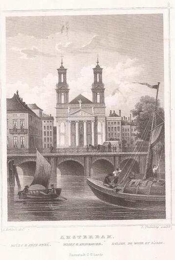 Amsterdam Mozes & Aron Kerk Staalgravure 1858 Waterlooplein beschikbaar voor biedingen