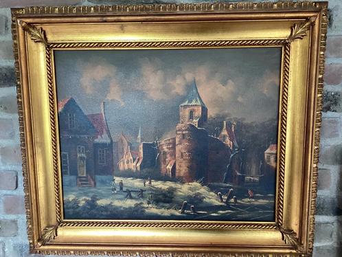 Mooi schilderij, stedelijk middeleeuws winters landschap., Antiek en Kunst, Kunst | Schilderijen | Klassiek, Ophalen