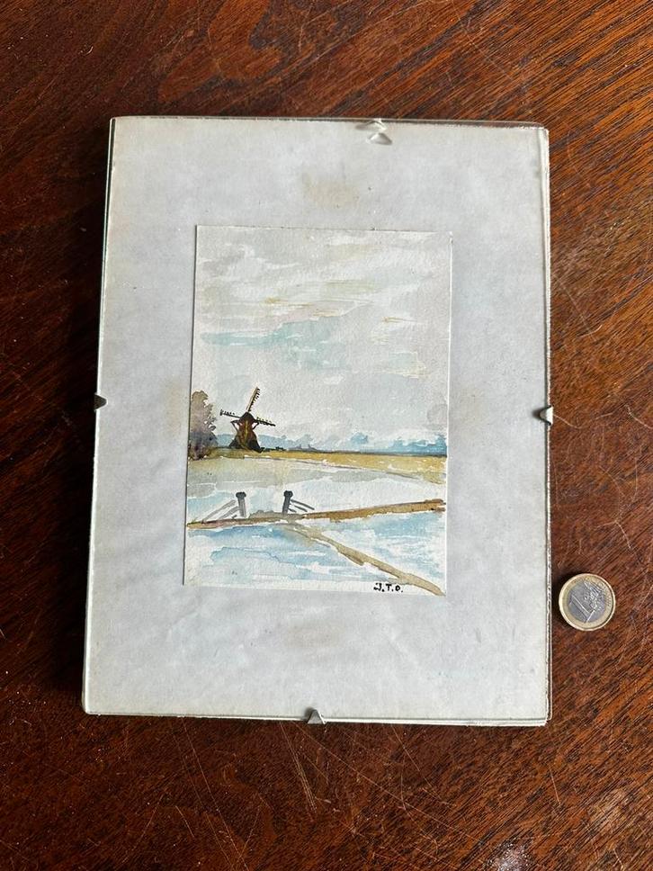 Mini-aquarel – Hollands landschap met molen (J.T.O.), Antiek en Kunst, Kunst | Schilderijen | Klassiek, Ophalen of Verzenden