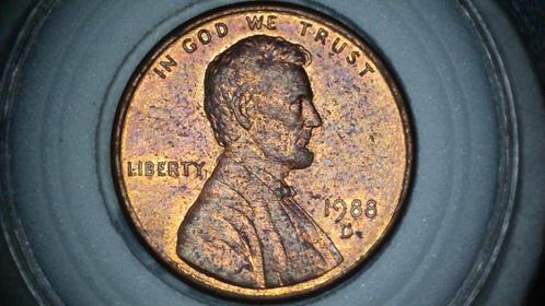 1988-D Lincoln cent met die chips en struck thru grease, Postzegels en Munten, Munten | Amerika, Losse munt, Noord-Amerika, Ophalen of Verzenden
