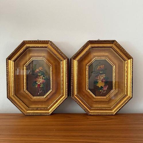 Schilderijtje, bloemen, lijst, hout, vinrage, brocante, Huis en Inrichting, Woonaccessoires | Lijsten, Zo goed als nieuw, Minder dan 50 cm
