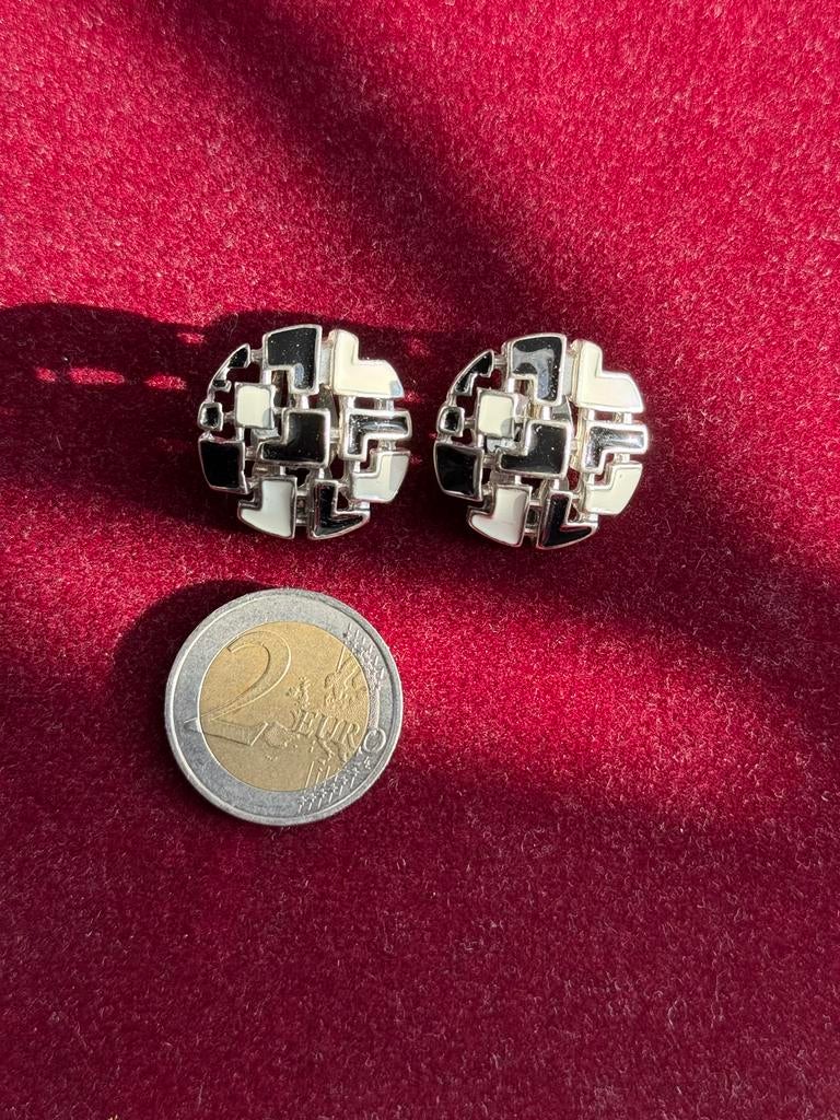 Vintage Zwart-Witte Geometrische Mozaïek Clip-Oorbellen, Overige materialen, Gebruikt, Zwart, Ophalen of Verzenden