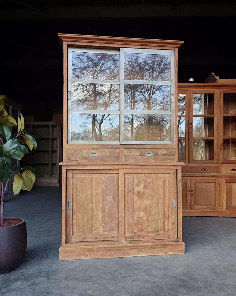 Stoere vitrinekast "Teakhout x Staal" | Buffetkast #2698, Niet ingevuld, Gebruikt, 200 cm of meer, Niet ingevuld