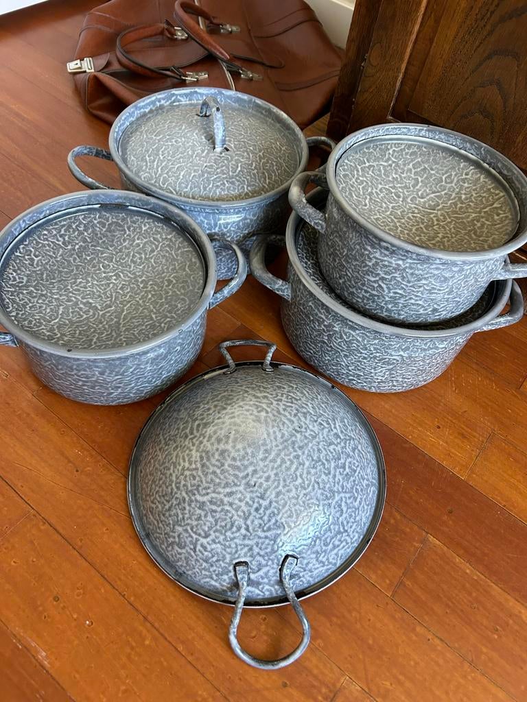 Vintage Grijsgewolkte Pannenset - Complete Set, Huis en Inrichting, Keuken | Potten en Pannen, Ophalen of Verzenden, Gebruikt