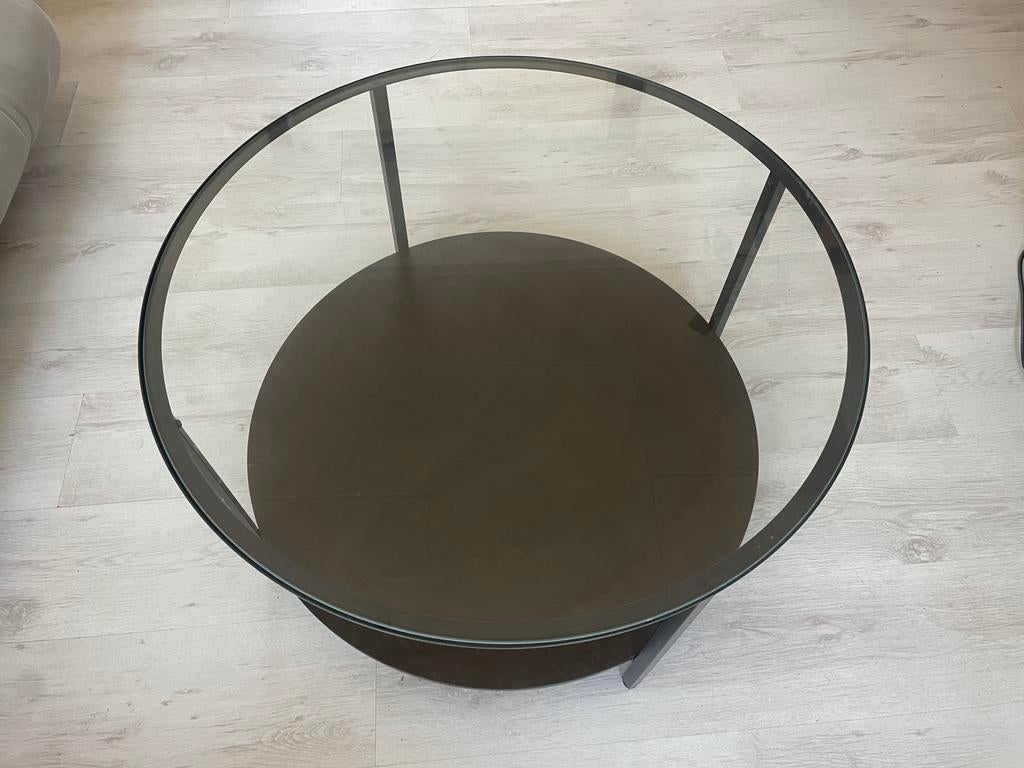 Ronde glazen salontafel met onderblad – modern design, Ophalen, 50 tot 100 cm, Rond, Zo goed als nieuw