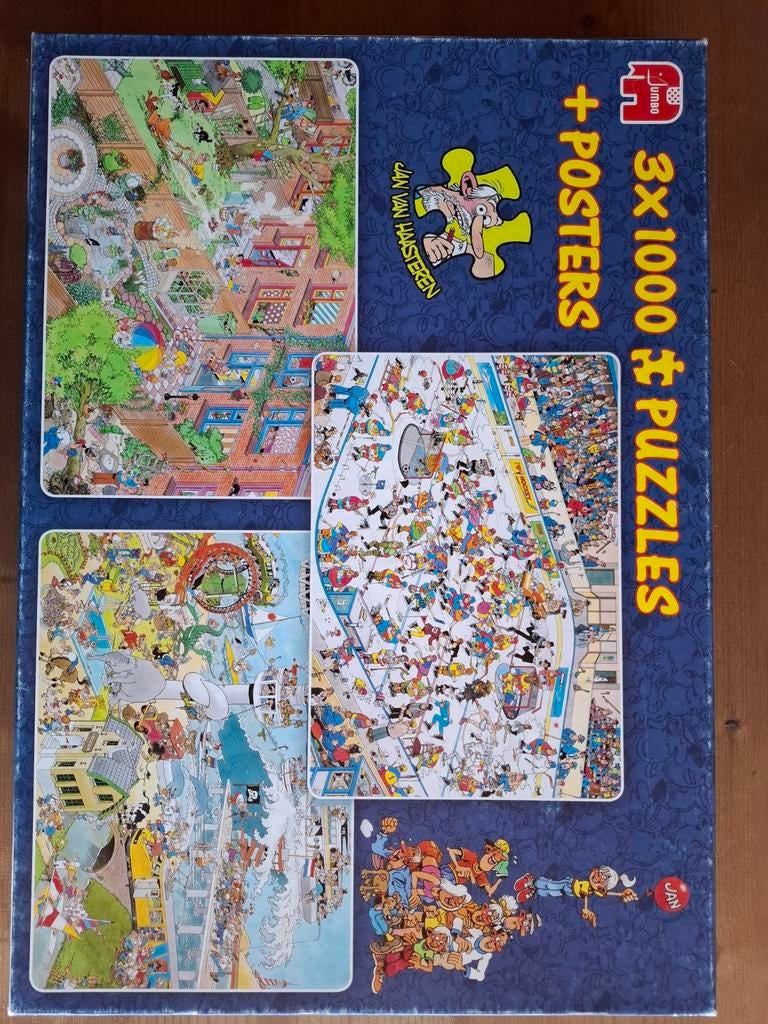 Jan van Haasteren puzzels met posters 3x1000, Ophalen of Verzenden, 500 t/m 1500 stukjes, Gebruikt, Legpuzzel