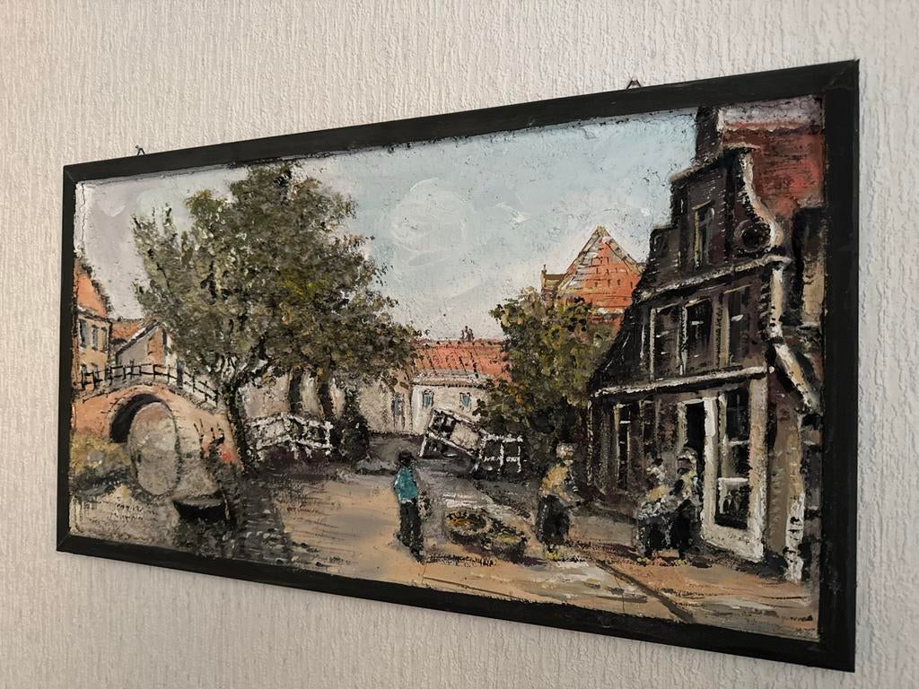 Schilderij: Hollands Stadsgezicht met Gracht en Brug, Ophalen