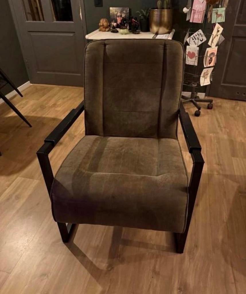 Stoel met groen/grijze stof en zwart metalen frame, Ophalen, Gebruikt, Metaal