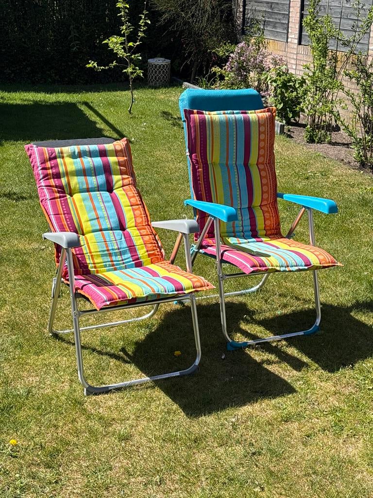 2 verstelbare campingstoelen incl. stoelhoezen, Ophalen, Gebruikt, Metaal, Verstelbaar