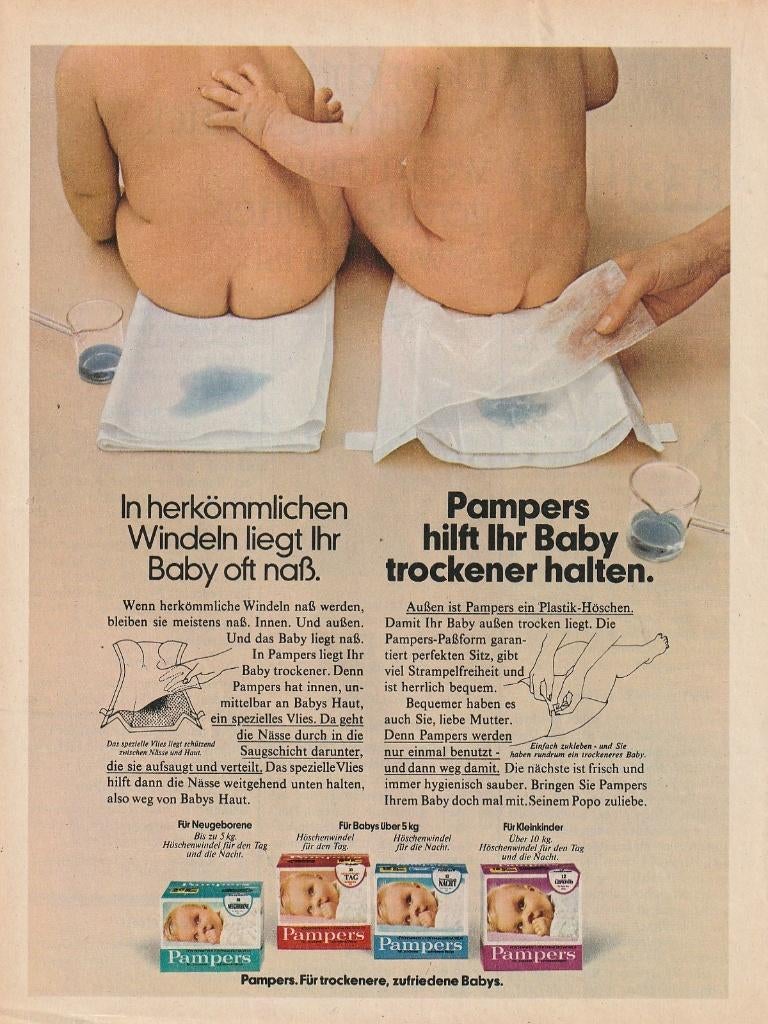 retro reclame 1975 Pampers baby luiers eerste 4 kleuren, Verzenden, Overige typen