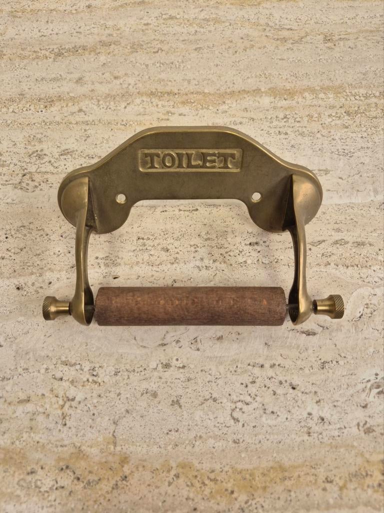 Messing wc papier houder met hout, Antiek en Kunst, Ophalen of Verzenden