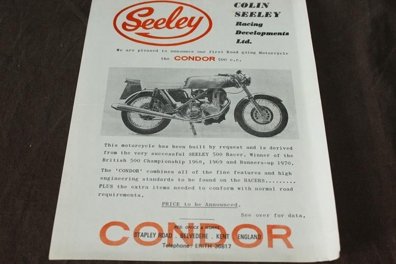 Condor Colin Seeley 500cc 1970 motorfiets verkoop folder, Motoren, Ophalen of Verzenden, Overige merken