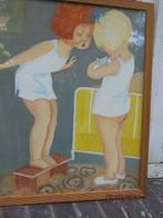 Prent/Pastel ? Losse afb in lijst 2 meisjes m/e poesje, Ophalen, 1940 tot 1960, Gebruikt, Overige onderwerpen