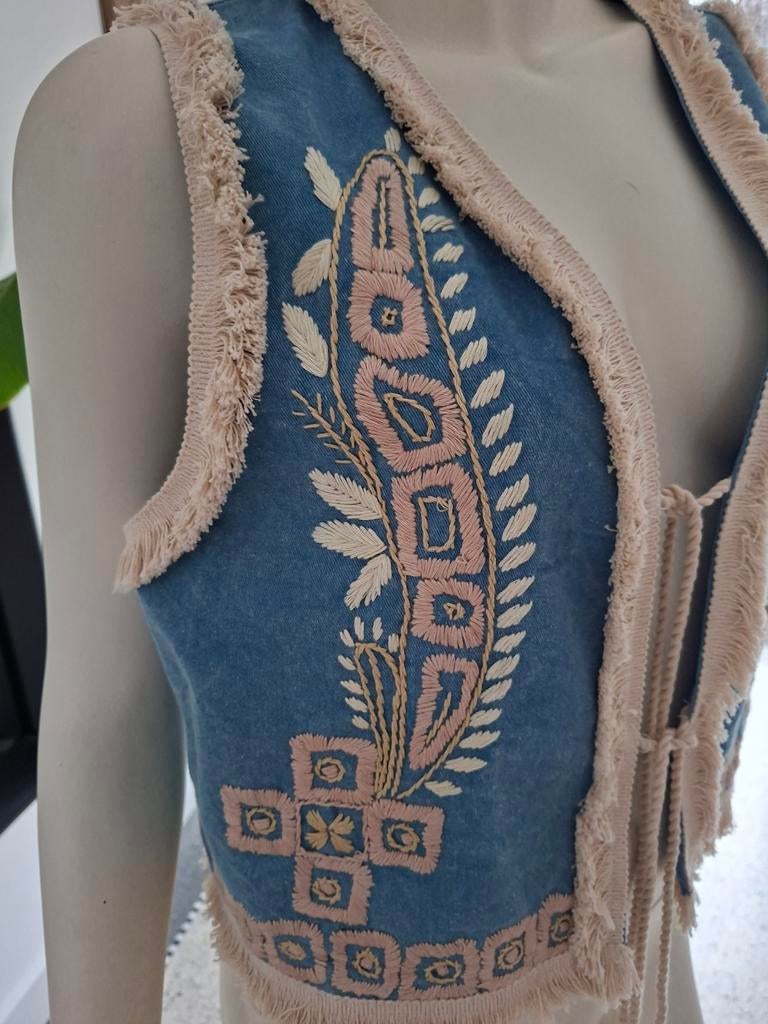 NIEUW denim gilet borduursel 42 L Siya blauw wit taupe, Siya, Blauw, Maat 42/44 (L), Nieuw