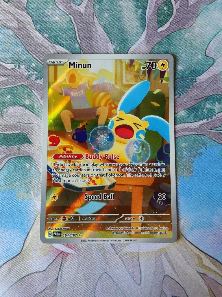 Pokemon paradox rift minun illustration 194/182, Ophalen of Verzenden, Nieuw, Losse kaart, Foil